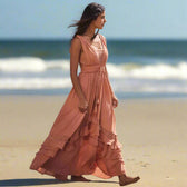 Lace Trim Sleeveless Tiered Ruffle Maxi Dress Summer