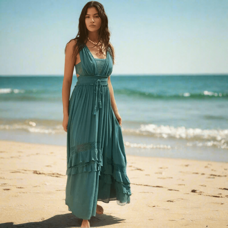 Lace Trim Sleeveless Tiered Ruffle Maxi Dress Summer 2