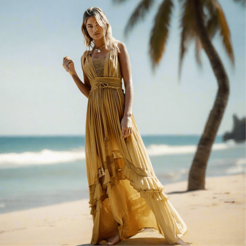 Lace Trim Sleeveless Tiered Ruffle Maxi Dress Summer 4
