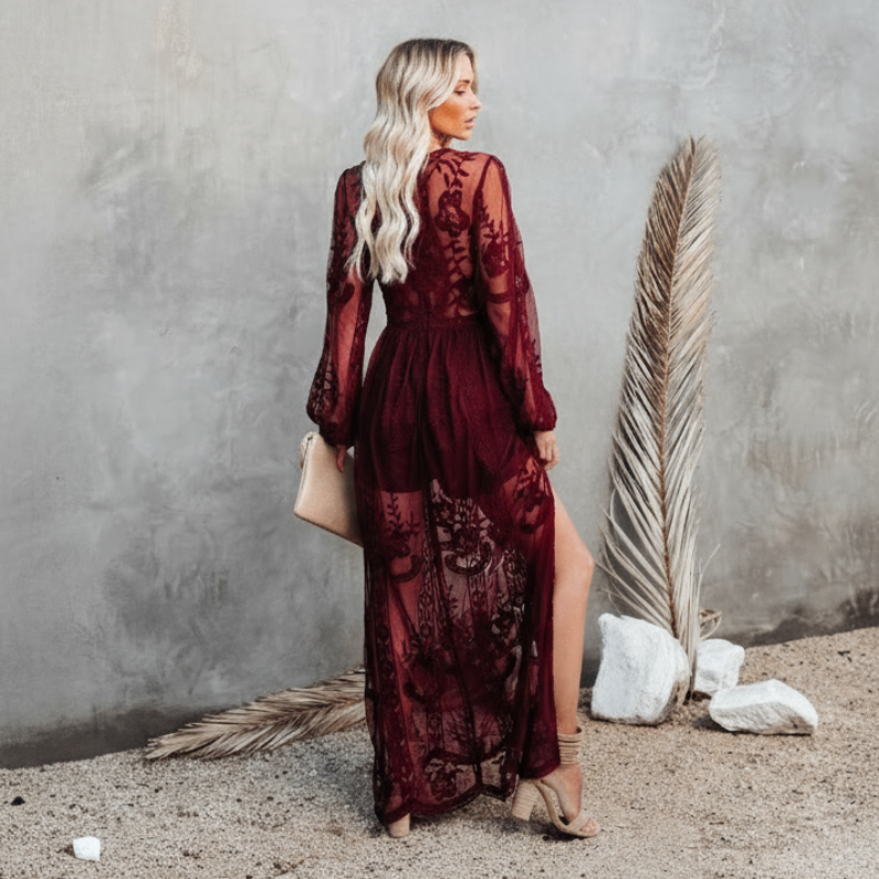 Lace Deep V-Neck Long Sleeve Sheer Maxi Dress 3