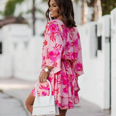 Floral Print V-Neck Kimono Sleeve Twist Front Ruffle Mini Dress 2