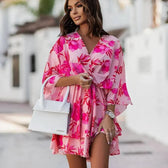 Floral Print V-Neck Kimono Sleeve Twist Front Ruffle Mini Dress