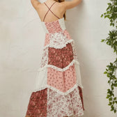 Patchwork Floral Spaghetti Strap Tiered Ruffle Maxi Dress 2