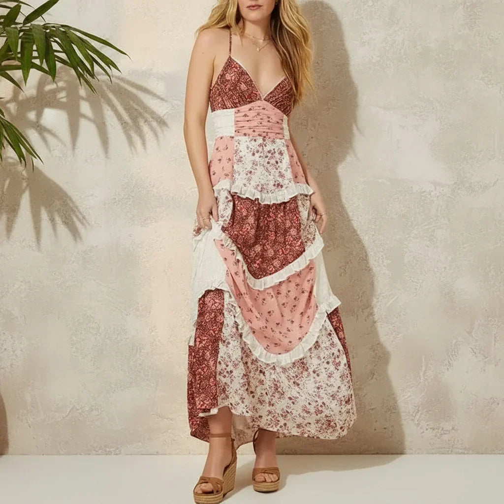 Patchwork Floral Spaghetti Strap Tiered Ruffle Maxi Dress