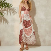 Patchwork Floral Spaghetti Strap Tiered Ruffle Maxi Dress