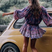 Floral Print V-Neck Long Sleeve Tiered Ruffle Mini Dress 2