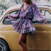 Floral Print V-Neck Long Sleeve Tiered Ruffle Mini Dress