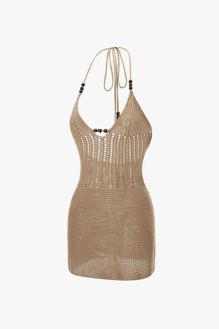 Boho Beaded Halter Tie Backless Crochet Knit Beach Vacation Mini Dress