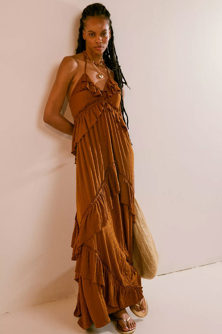 Boho Chic Halter Backless Empire Waist Ruffle Tiered Beach Vacation Maxi Dress
