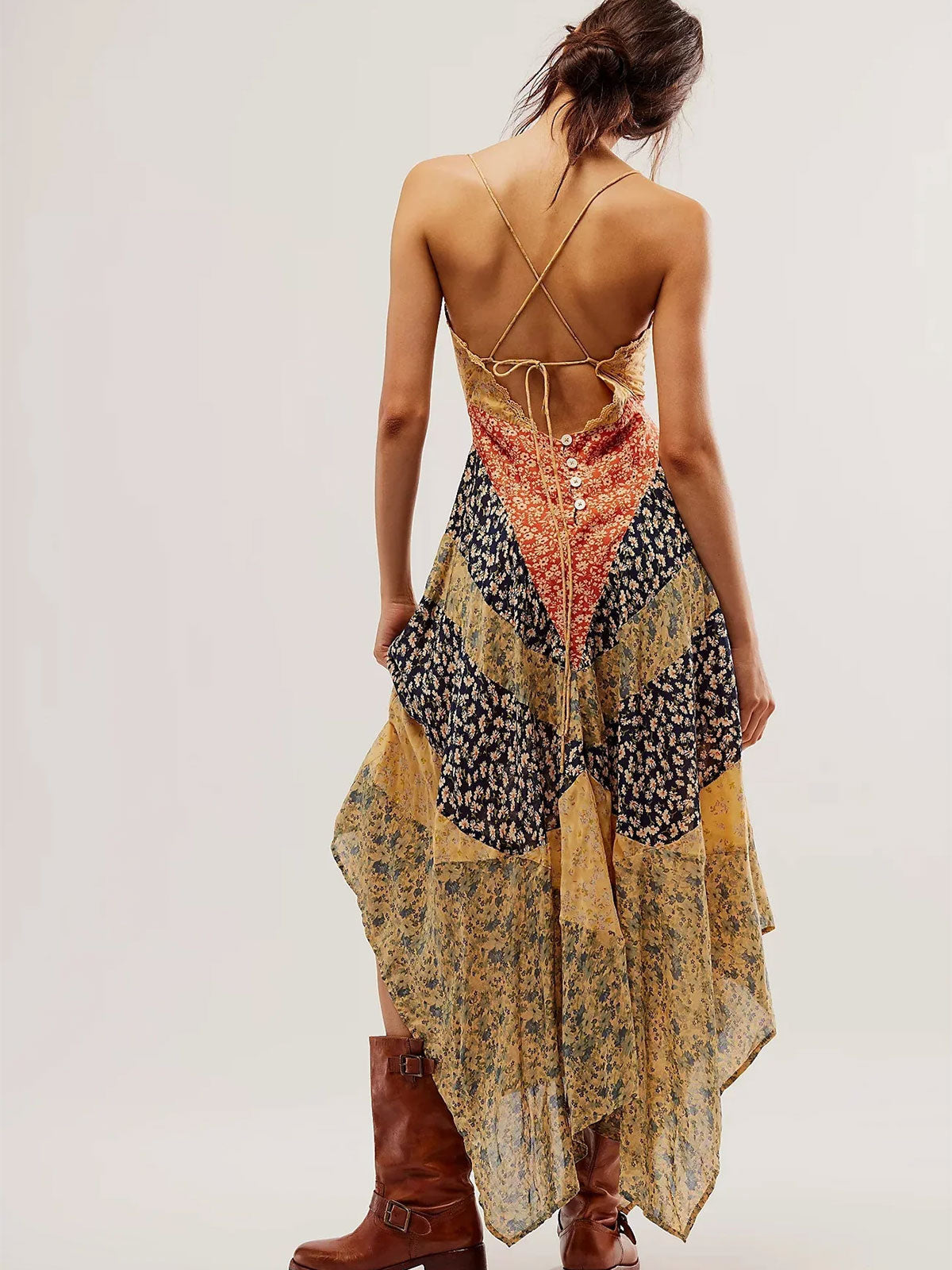 Floral Patchwork Spaghetti Strap Lace Trim Slip Maxi Dress 3