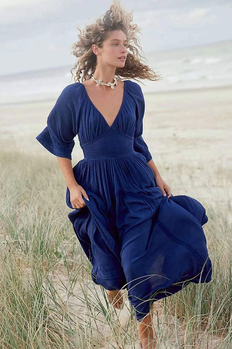 Boho Deep V Shirred Embroidered Lace Chiffon Beach Vacation Maxi Dress