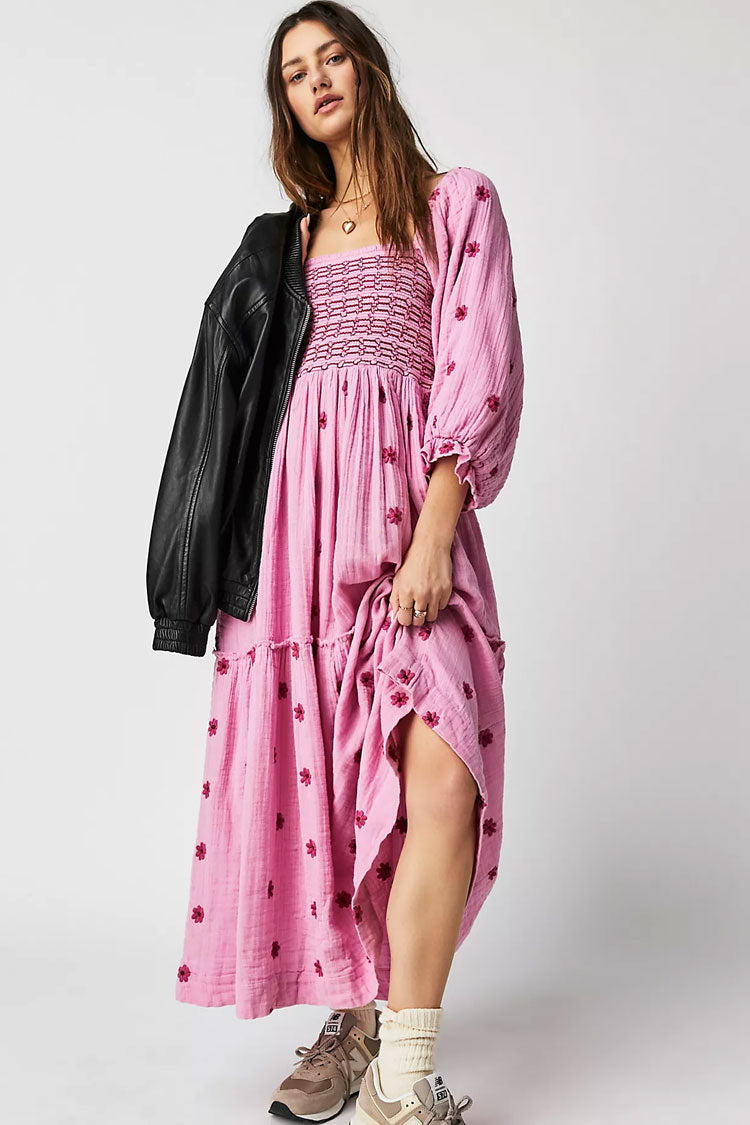 Boho Floral Embroidered Puff Sleeve Tiered Smock Beach Vacation Midi Dress