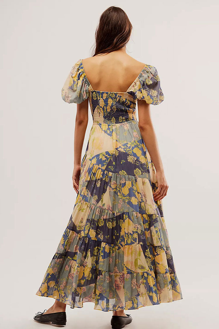 Boho Floral Patchwork Ruched Bustier Shirred Tiered Vacation Maxi Dress