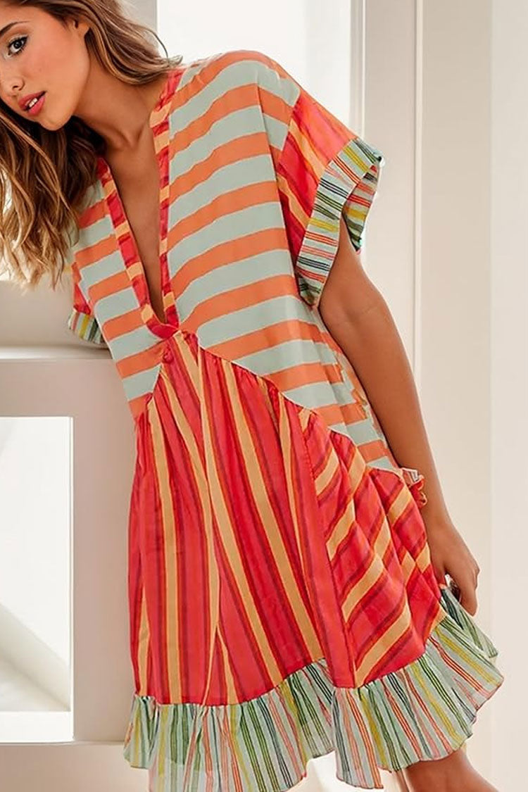 Boho Floral Patchwork V Neck Ruffle Babydoll Beach Vacation Mini Dress