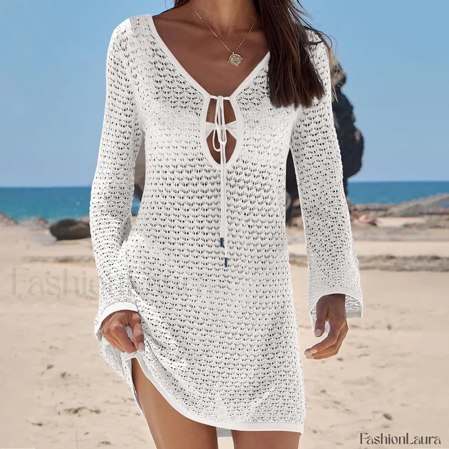 Boho Knit Solid Tie-Up Hollow-Out Cover Up