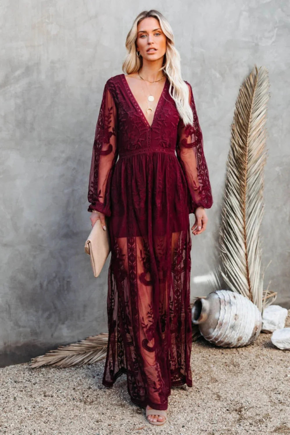 Boho Lace Stylish Maxi Dress S / Wine