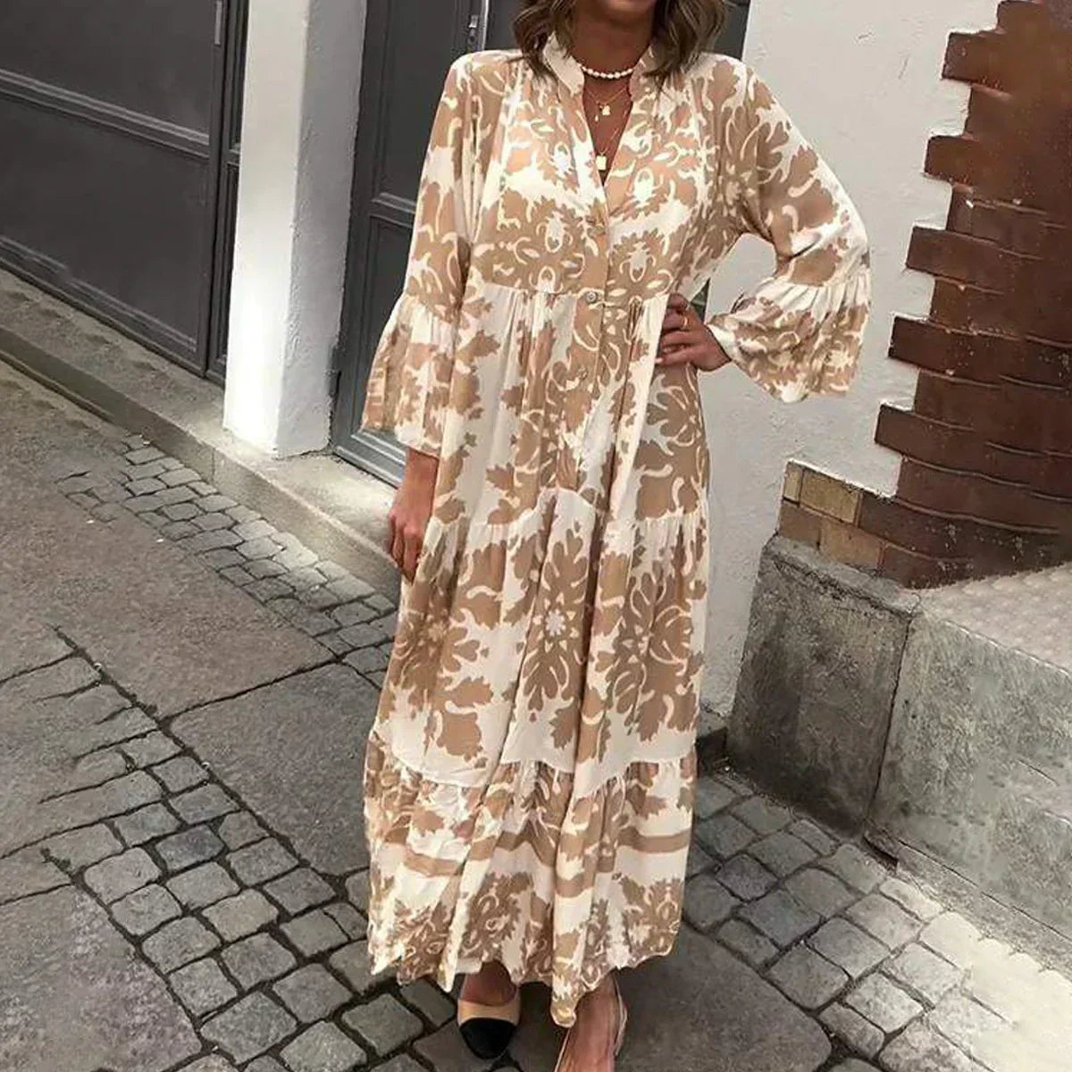 Long Sleeve V-Neck Tiered Boho Maxi Dress
