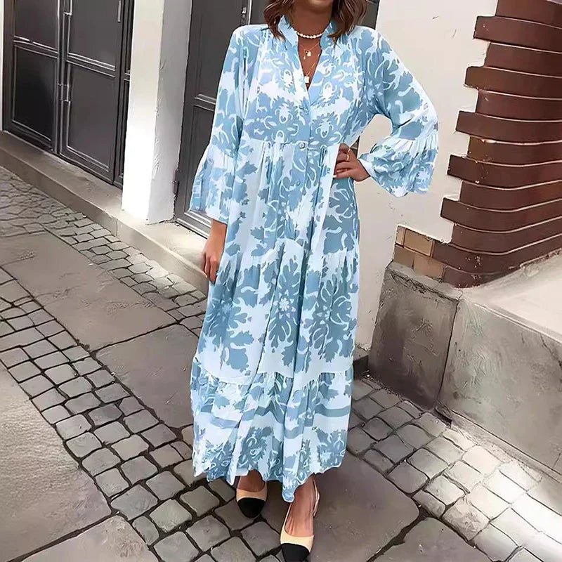 Long Sleeve V-Neck Tiered Boho Maxi Dress 2