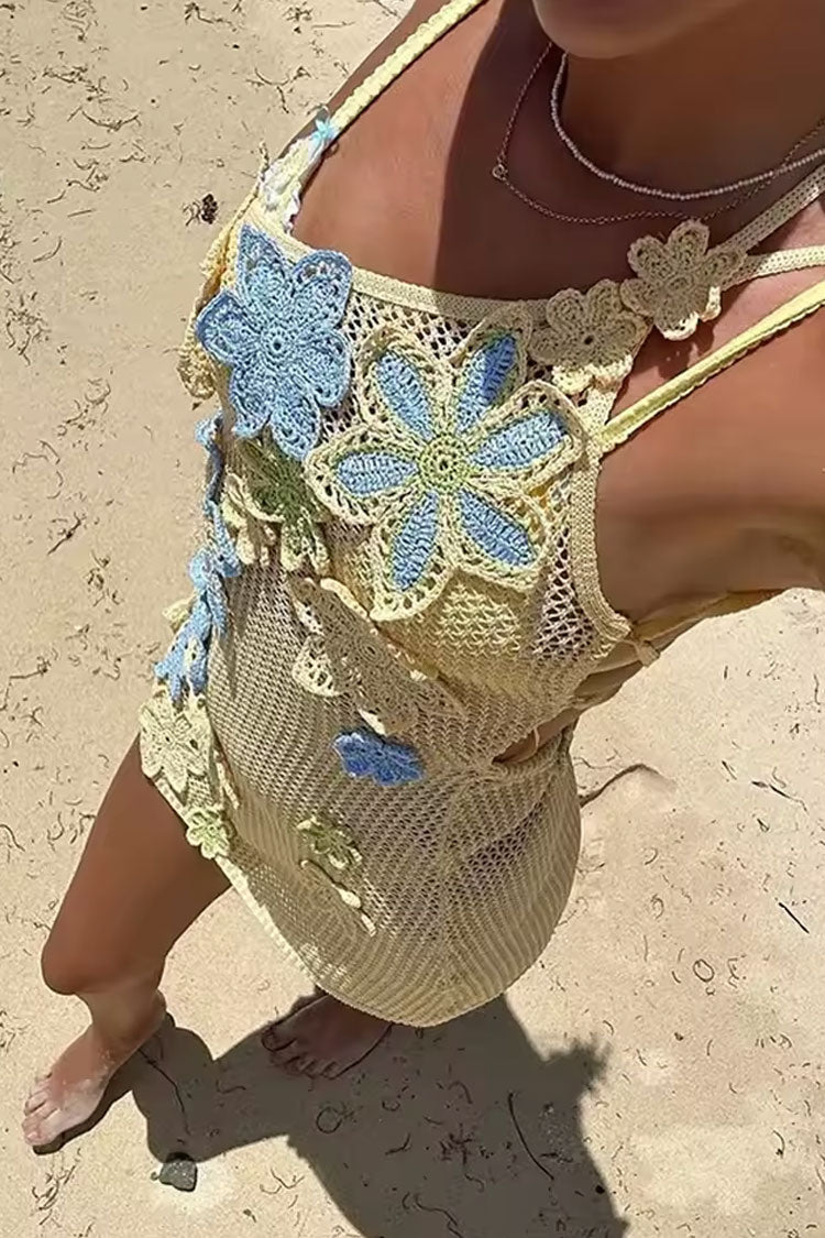 Boho One Shoulder Lace Up Backless Floral Crochet Knit Mini Dress