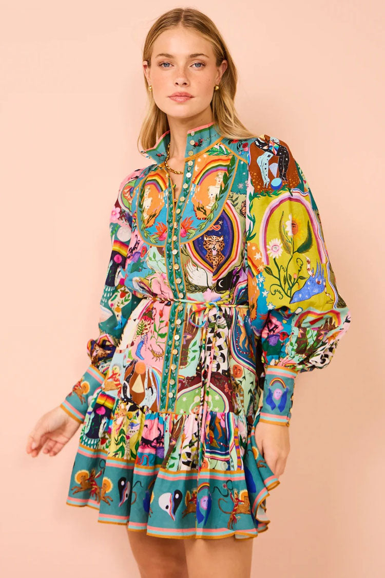 Boho Printed Mock Neck Button Up Lantern Sleeve Ruffle Vacation Mini Dress