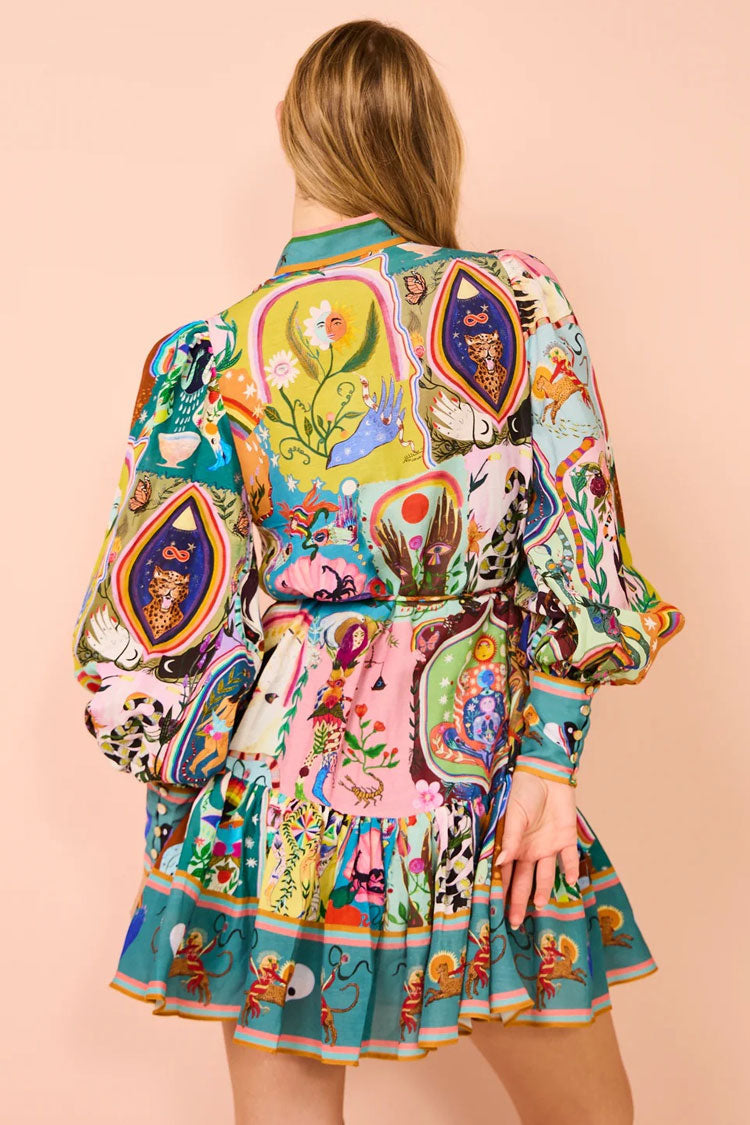 Boho Printed Mock Neck Button Up Lantern Sleeve Ruffle Vacation Mini Dress