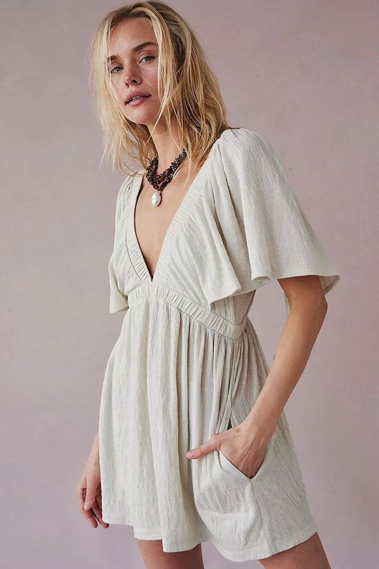 Boho Scrunch Deep V Empire Waist Short Sleeve Crinkled Summer Romper