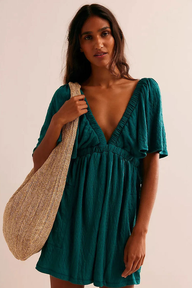 Boho Scrunch Deep V Empire Waist Short Sleeve Crinkled Summer Romper