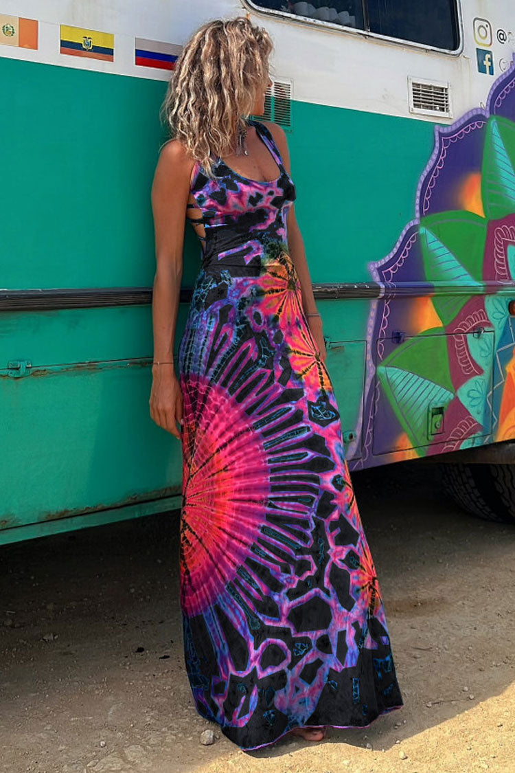 Boho Tie Dye Print Scoop Neck Strappy Cross Back Vacation Maxi Sundress
