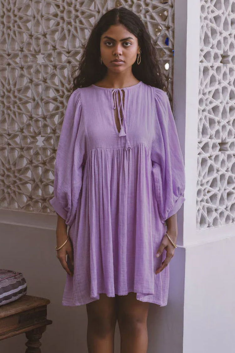 Boho Tie Neck Balloon Sleeve Linen Blend Babydoll Beach Vacation Mini Dress