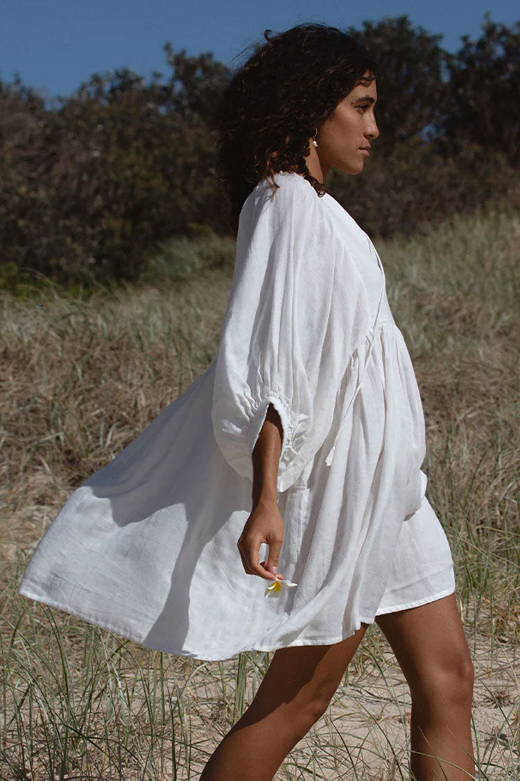 Boho Tie Neck Balloon Sleeve Linen Blend Babydoll Beach Vacation Mini Dress