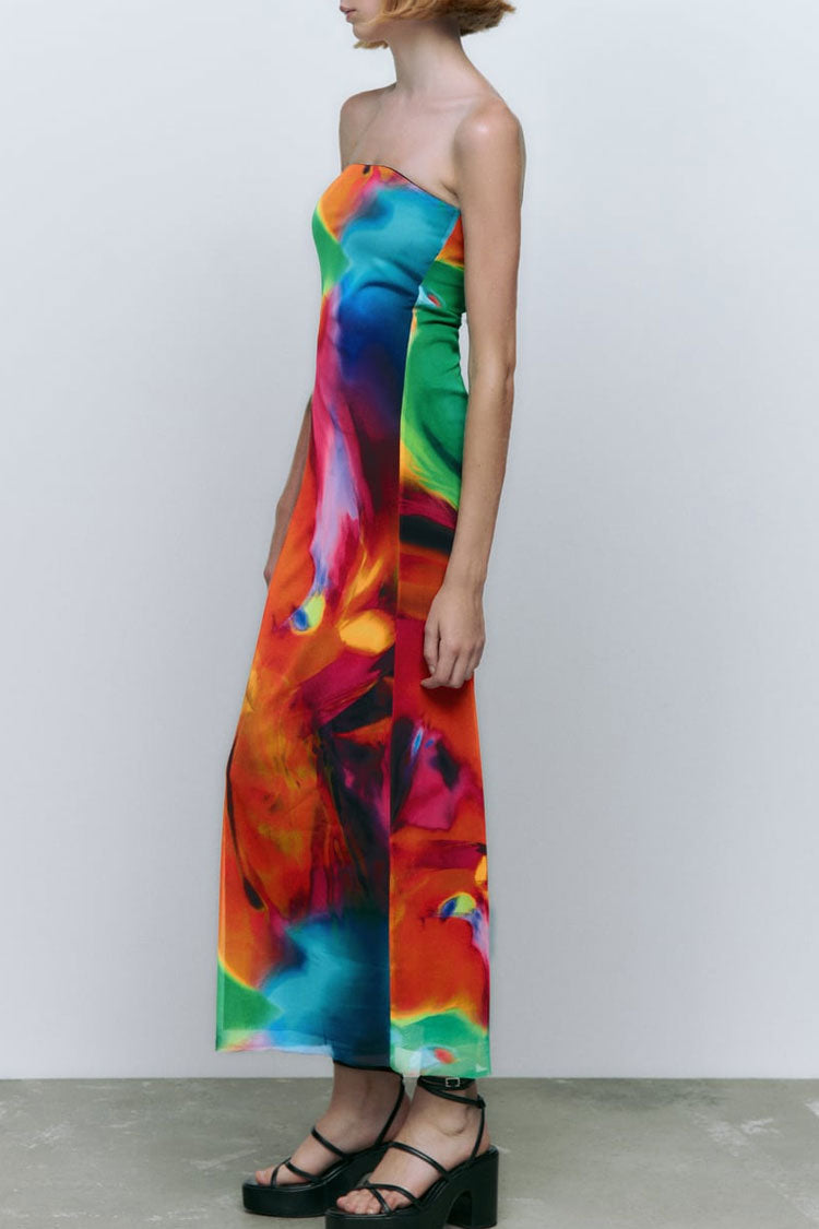 Bold Abstract Printed Summer Strapless Mesh Maxi Dress - Multicolor 2