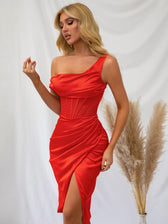 Asymmetrical Neck Mesh Insert Wrap Hem Satin Dress - View 9