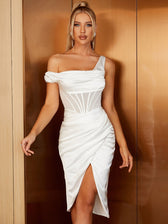 Asymmetrical Neck Mesh Insert Wrap Hem Satin Dress - View 5