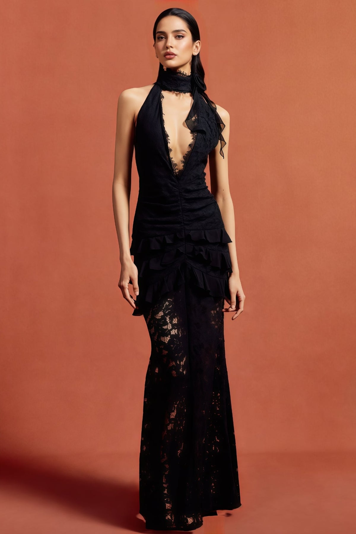 Lace Halter Neck Plunge Ruffle Tiered Mermaid Maxi Dress