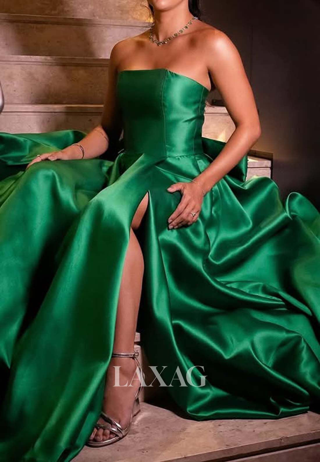 A-Line Tube Top Pleated Satin Evening Dress Off-Shoulder Sleeveless High Slit Formal Gowns
