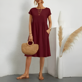 Crew Neck Cap Sleeve Pocket Midi Dress Summer 9
