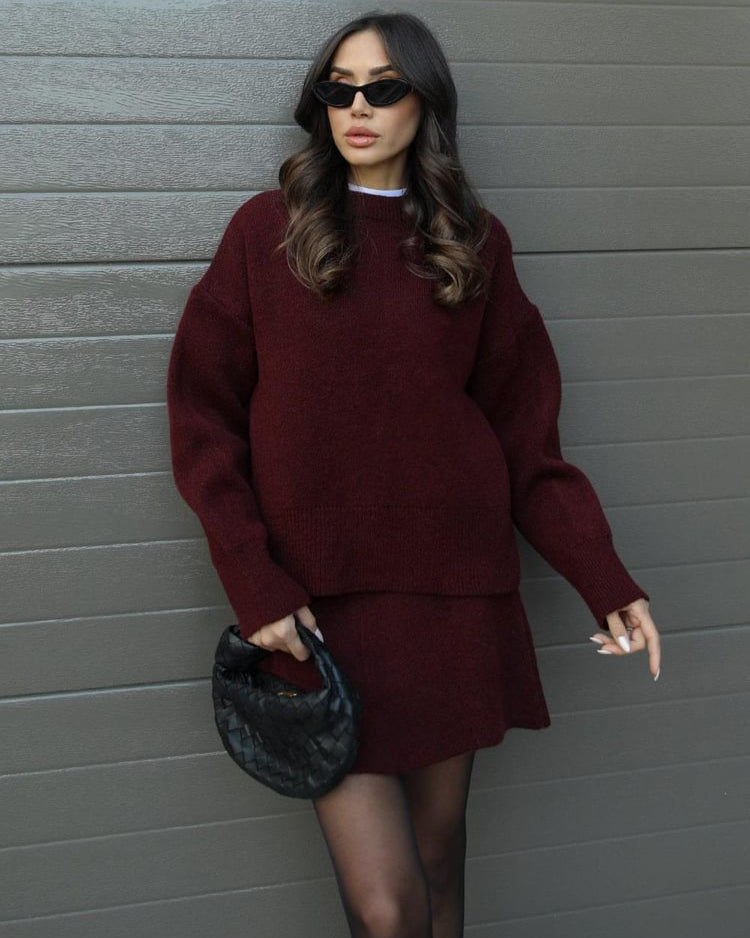 Crew Neck Oversized Knit Sweater and Mini Skirt Two Piece Set