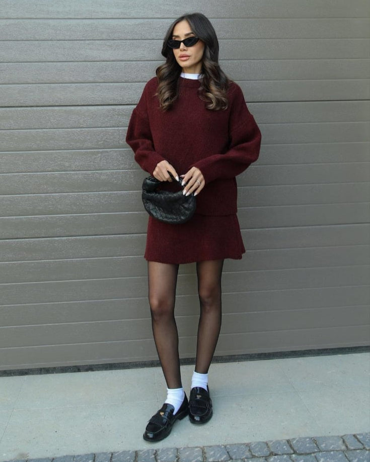 Crew Neck Oversized Knit Sweater and Mini Skirt Two Piece Set