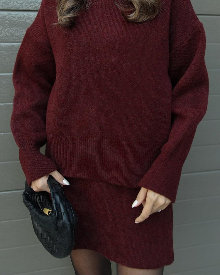 Crew Neck Oversized Knit Sweater and Mini Skirt Two Piece Set