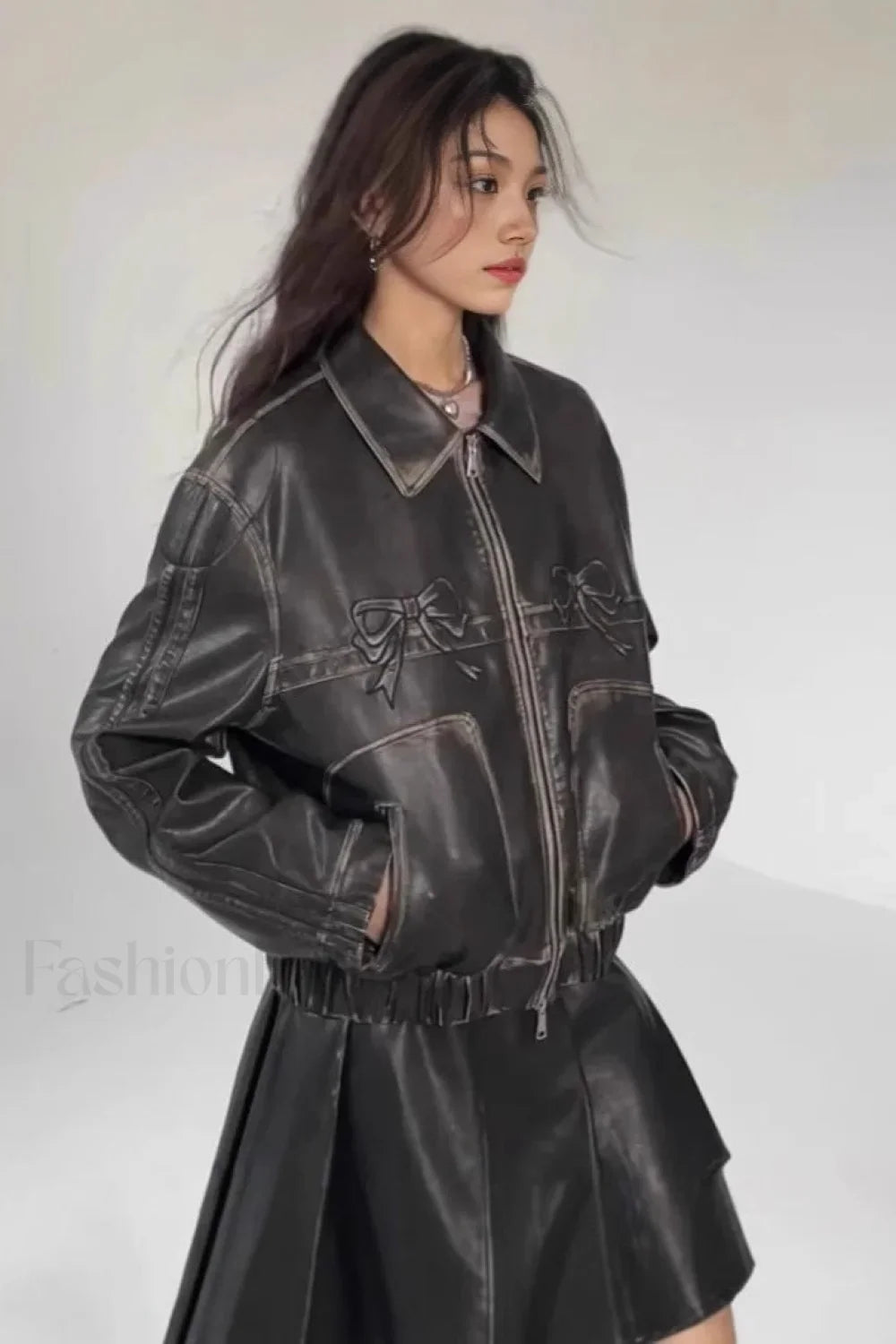 Bow Decor Faux Leather Moto Jacket