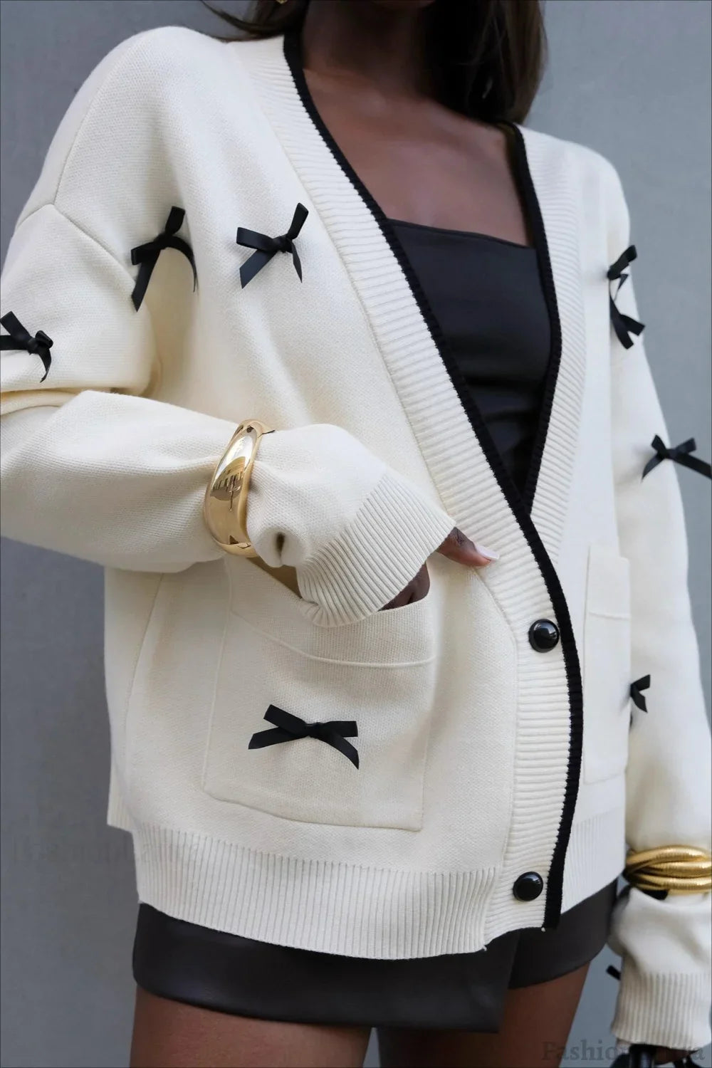 Bow Detail V-Neck Cardigan White / S