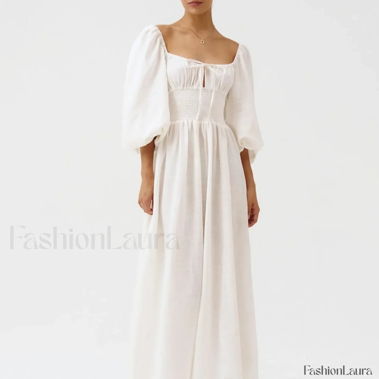 Bow-Front Smocked Midi Dress