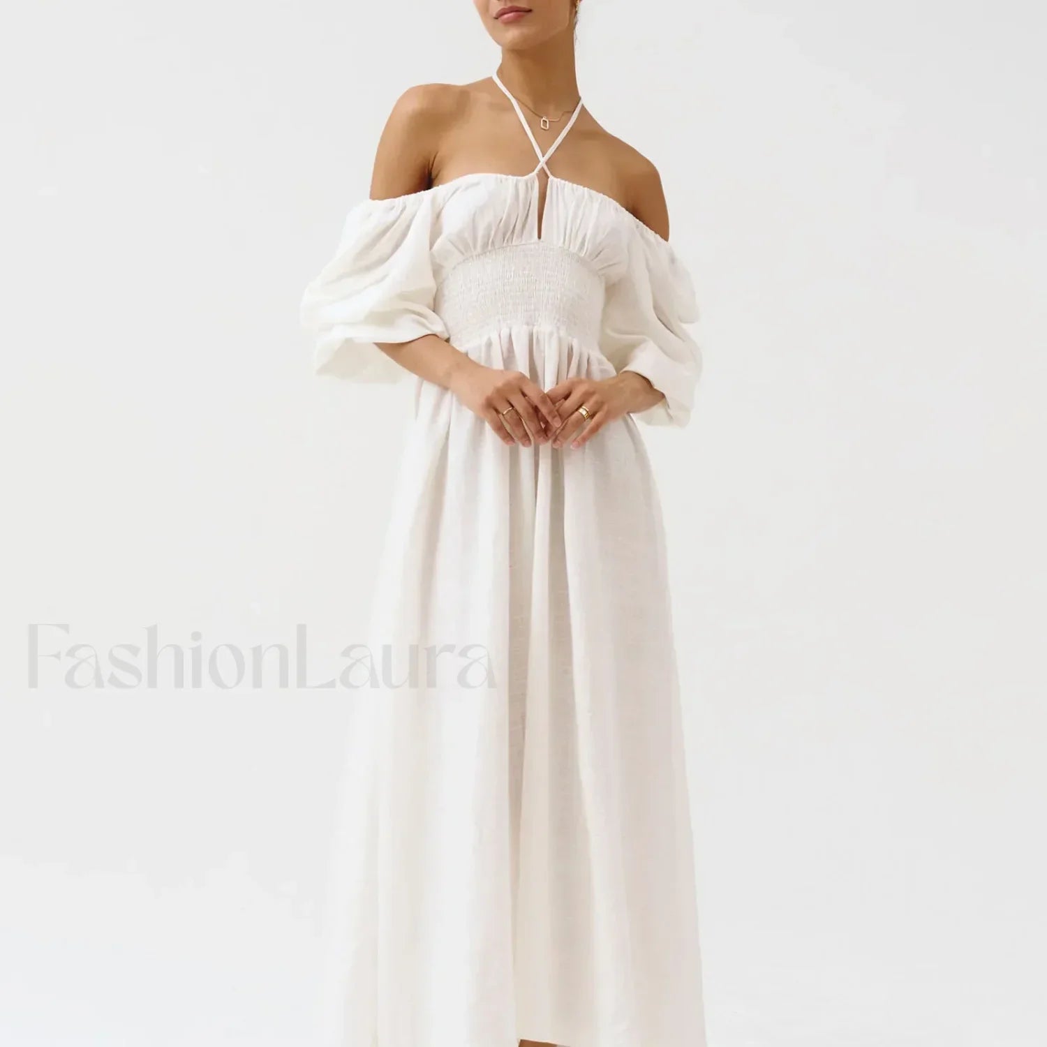 Bow Front Smocked Midi Dress white / S