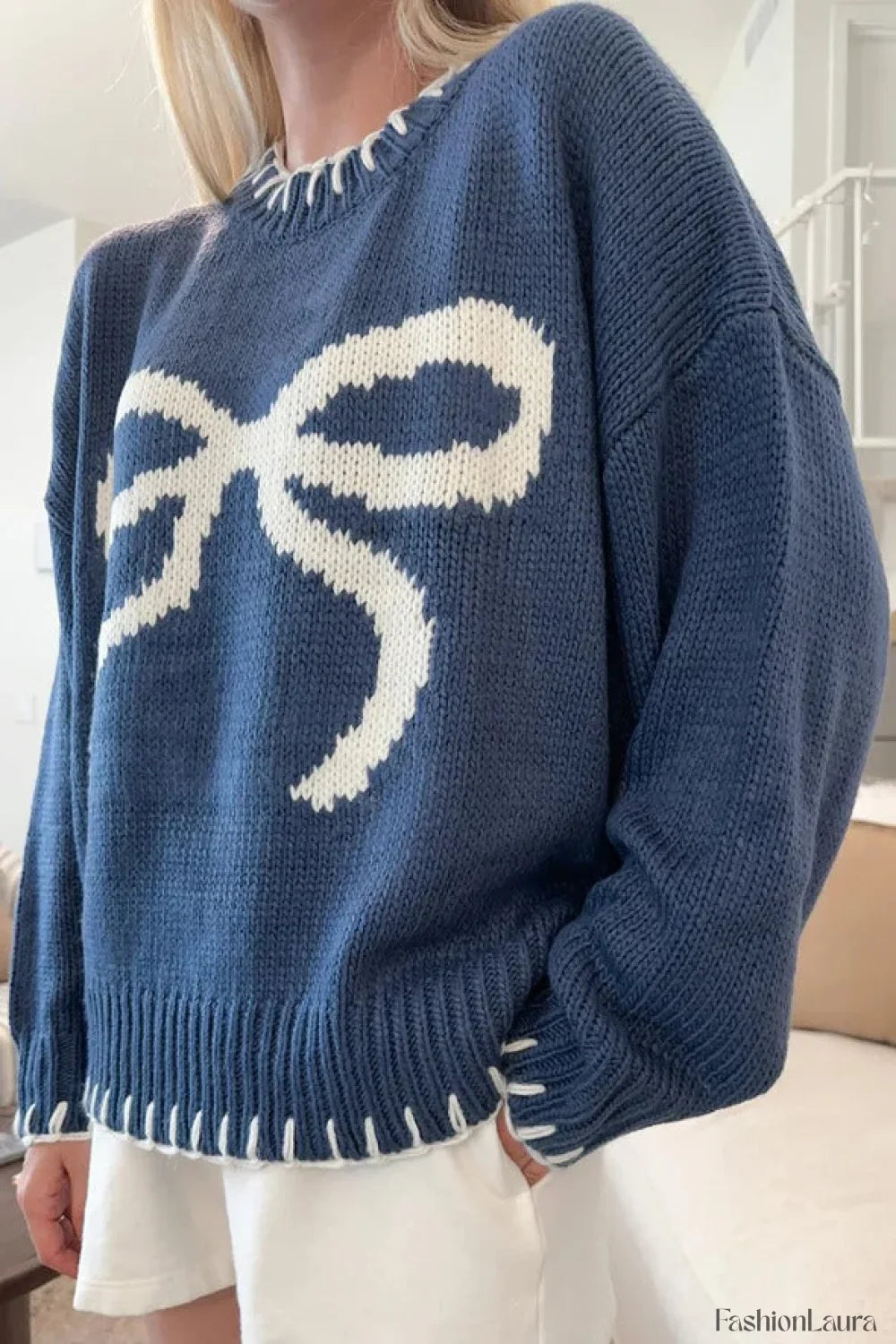 Bow Jacquard Knit Pullover Sweater
