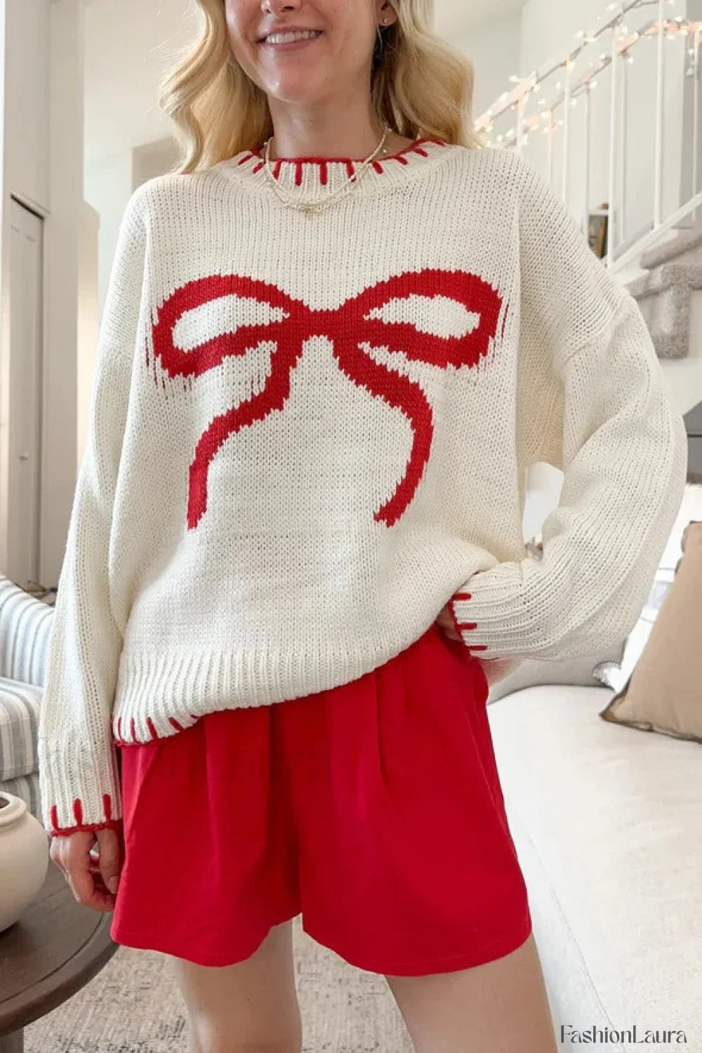 Bow Jacquard Knit Pullover Sweater