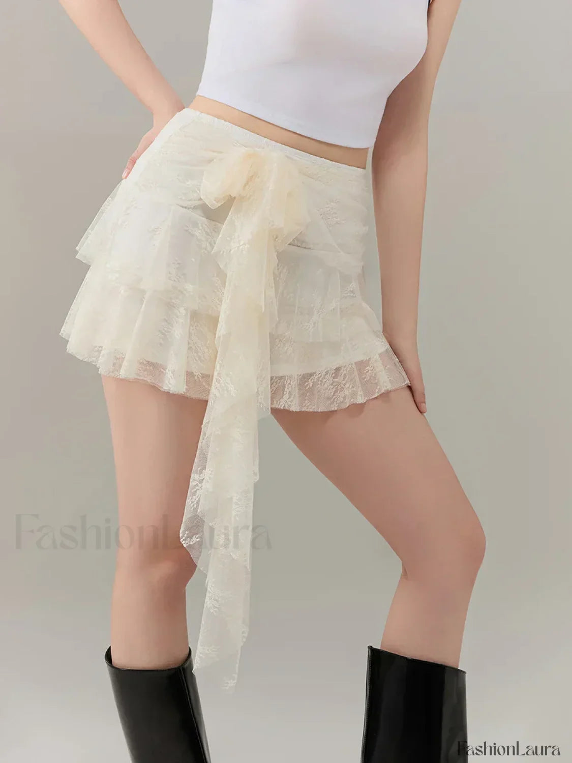 Bow Lace Ruffle Layered Mini Skirt