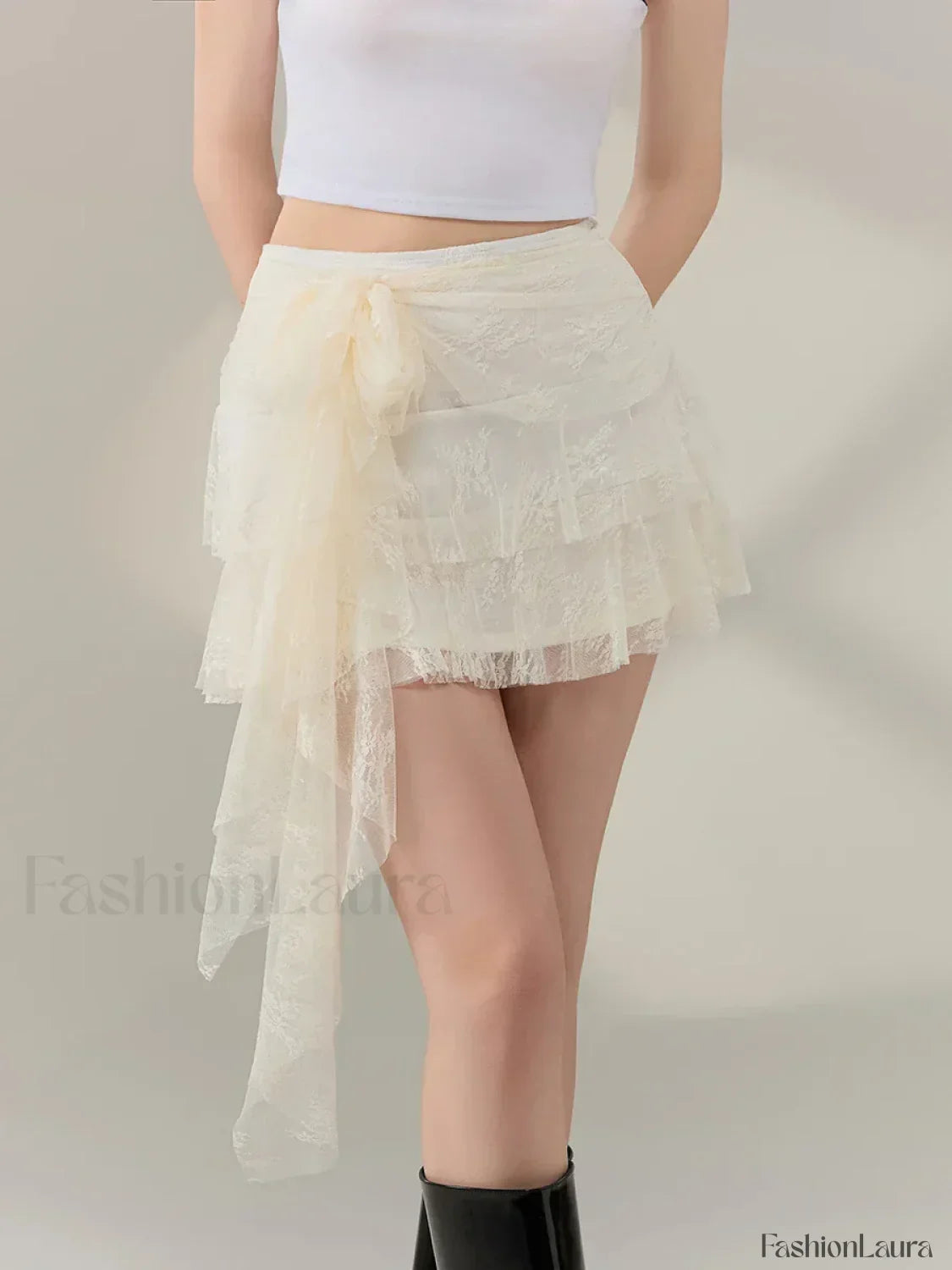 Bow Lace Ruffle Layered Mini Skirt