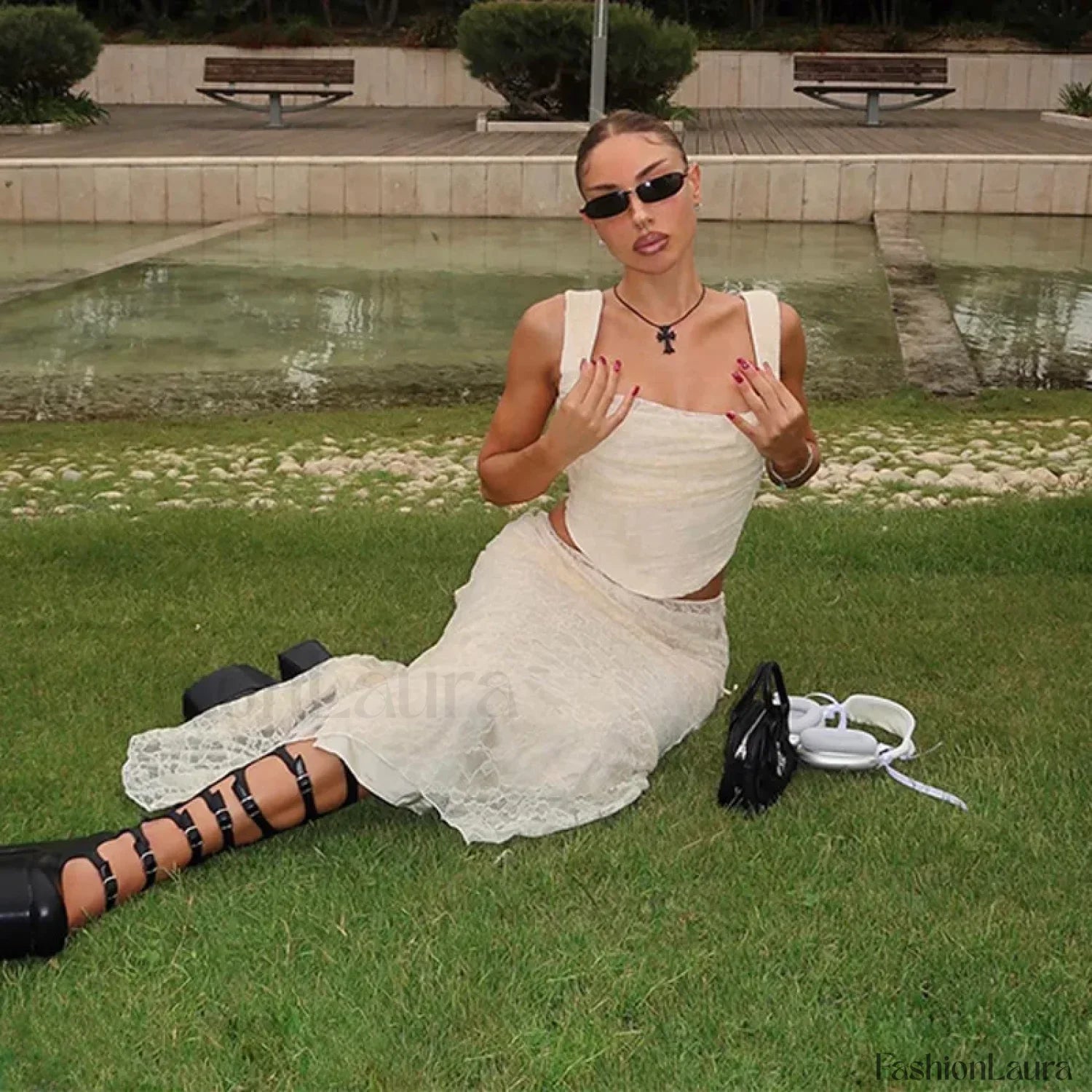 Bow Lace Square Neck Skirt Two Piece Set