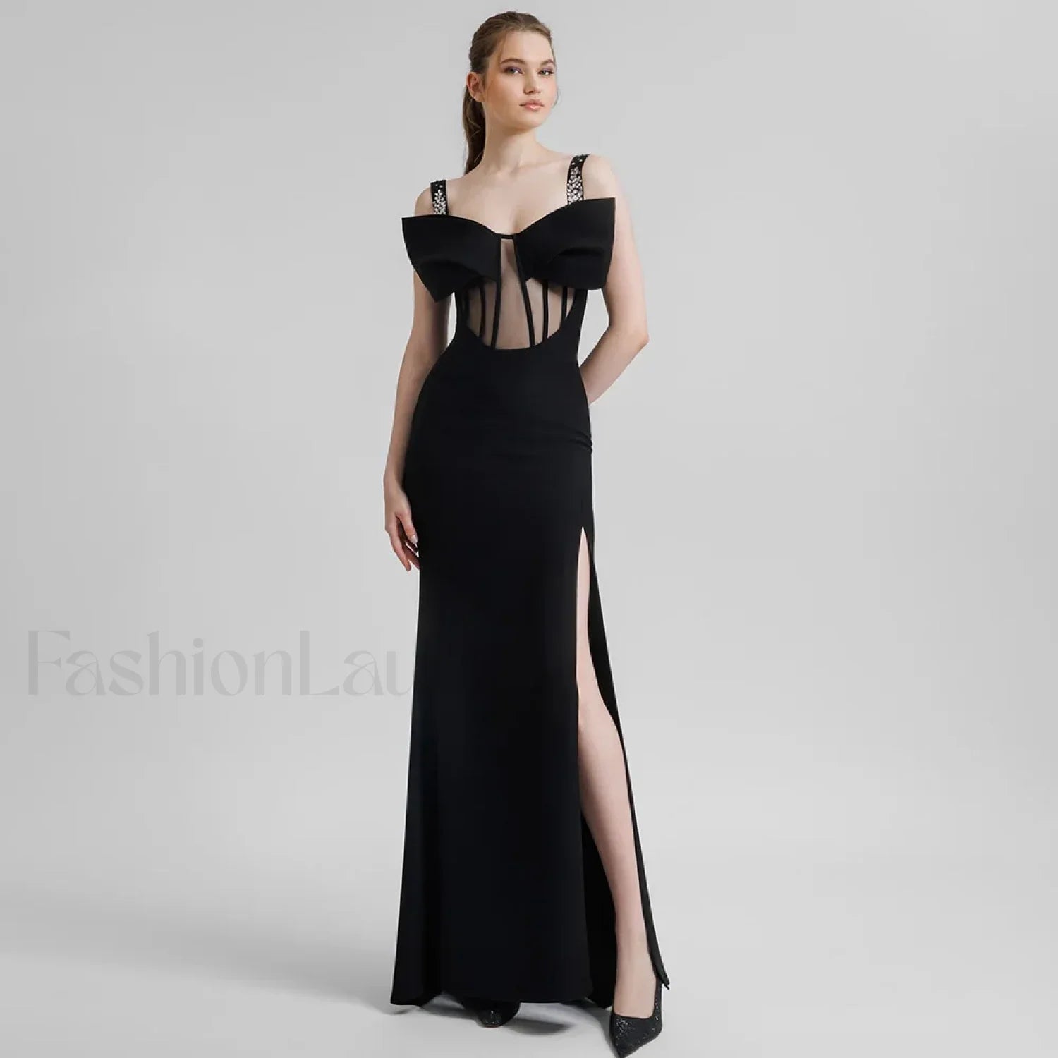 Bow Mesh Spaghetti Maxi Dress Black / XS