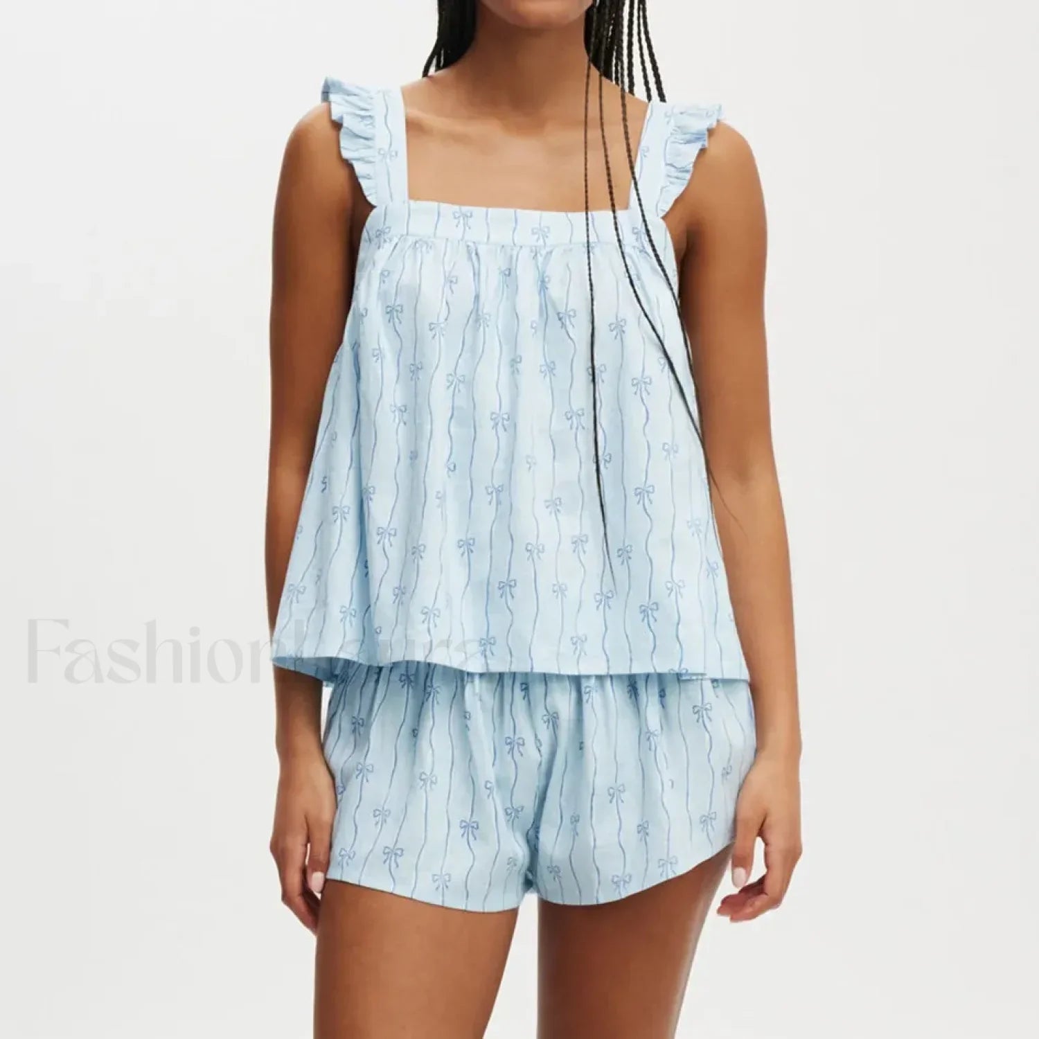 Bow Print Ruffled Camisole Wide Leg Shorts Two Piece Set